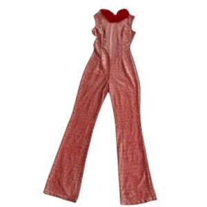 Red Shimmer Disco Jumpsuit Costume XS Faux Fur Trim Mesh Panel Flared Leg